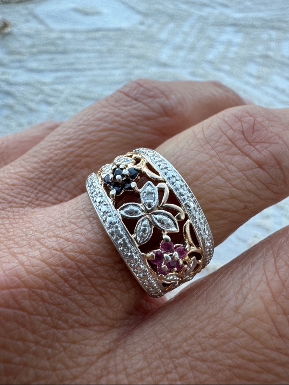 Ross-Simons Silver and Gold Floral Multistone Band with Blue and Pink Accents